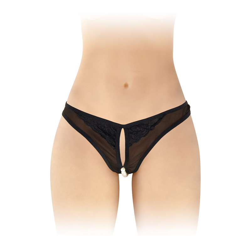 String ouvert Sophie noir, résille fine et perles nacrées délicates