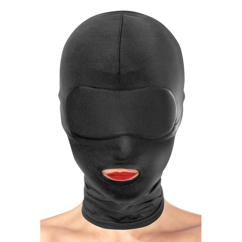 Cagoule BDSM noire bouche ouverte, masque la vue et laisse la bouche accessible