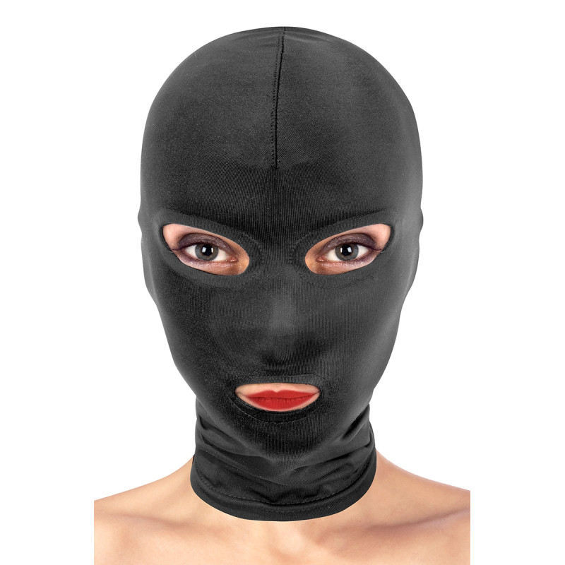 Cagoule BDSM noire trois ouvertures, masque la tête et révèle bouche et yeux