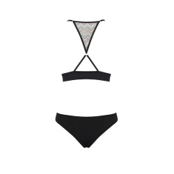 Lingerie Bikini Lagerta Casmir, maille noire satinée et broderies colorées en chevrons dorés.