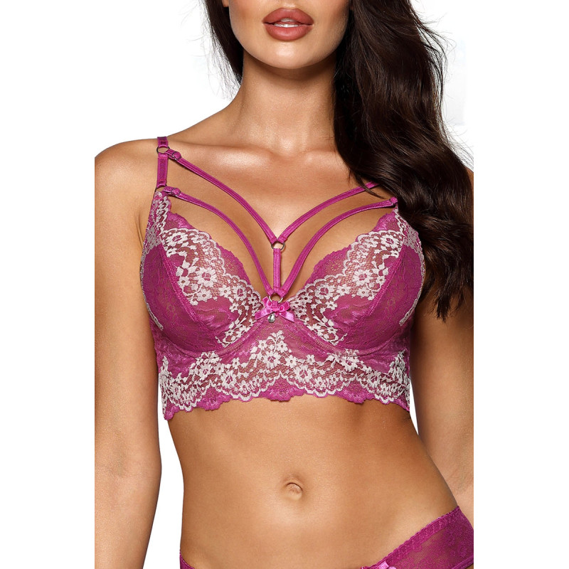 Soutien-gorge bustier fuchsia V9741 Axami, dentelle fine brodée de blanc, harnais élastique ajustable sur poitrine et dos