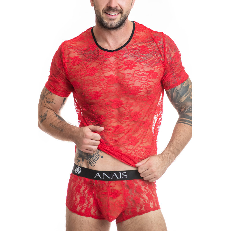 T-shirt sexy en dentelle rouge transparente Anaïs For Men pour séduction et élégance